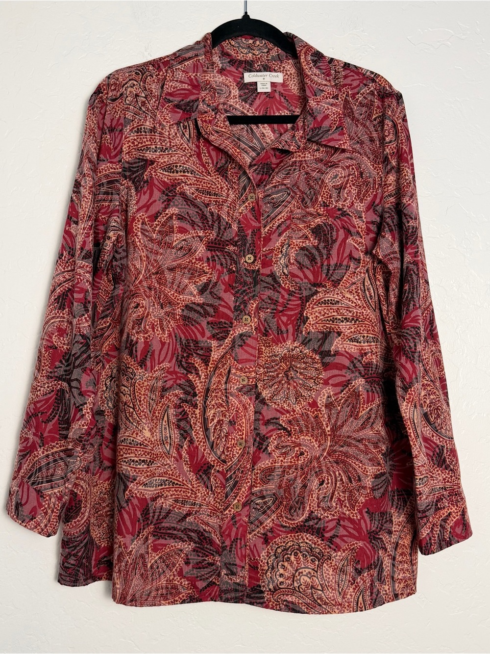 Coldwater Creek Women's L(14-16) Button-Down Shirt Red Floral Paisley collared